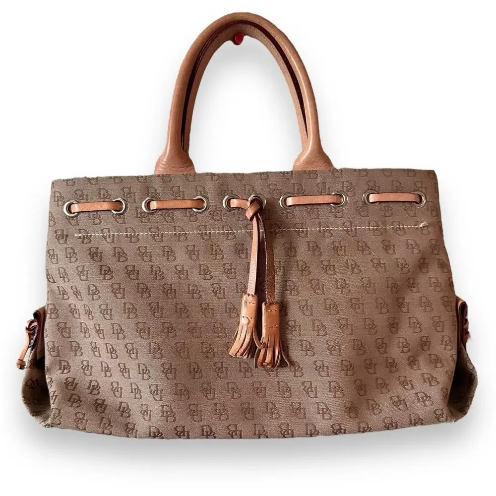 Dooney & Bourke Canvas Leather Monogram Shoulder Handbag Beige Tassel Snap